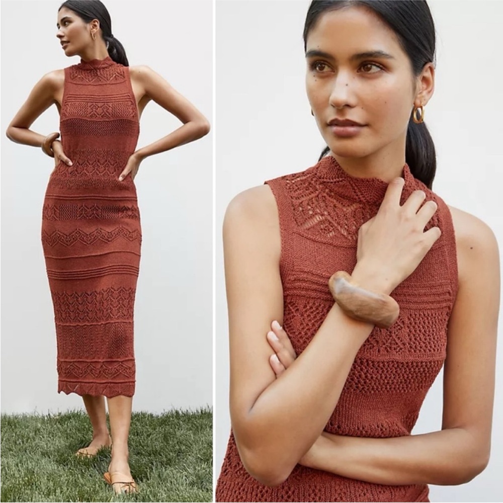 Anthropologie Crochet Midi Dress XS Rust Red